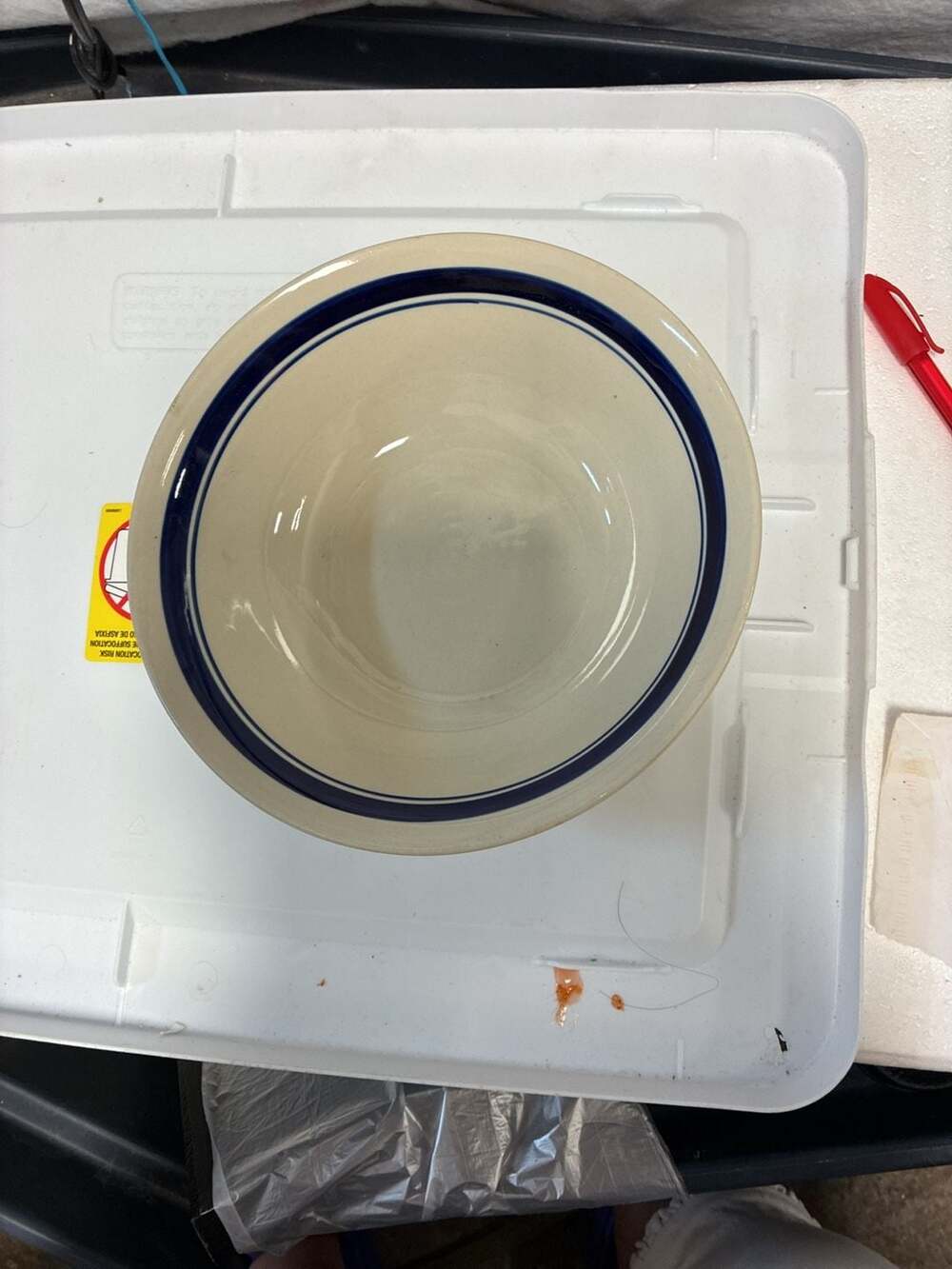 Stoneware Crock Style Cereal Bowl Cream with Blue Band Oven Microwave Dishwasher